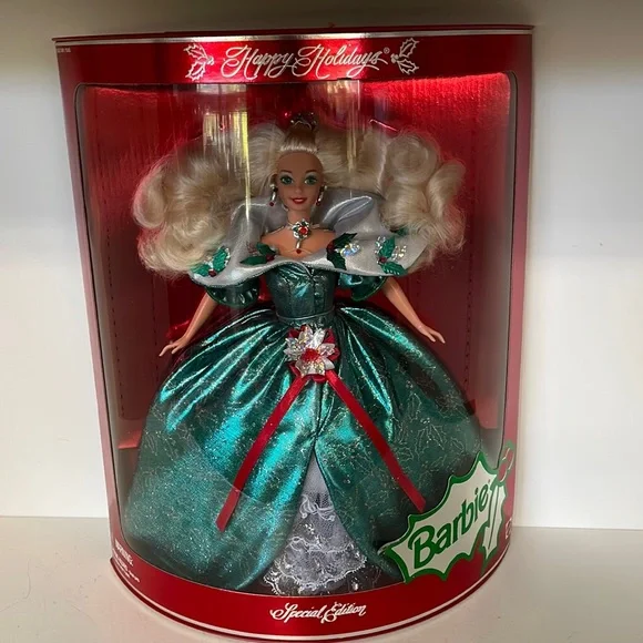 Mattel | Toys | 995 Special Edition Happy Holidays Barbie Nib Green Satin  Gown Holly Berries
